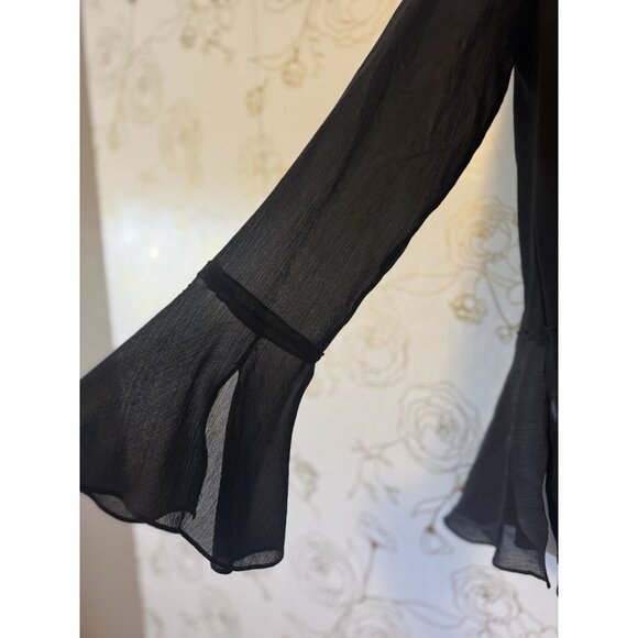 Theory Top Blouse Size Medium Black Idol Bell Sleeve Peplum Wool Silk Trim 077 - Picture 3 of 7